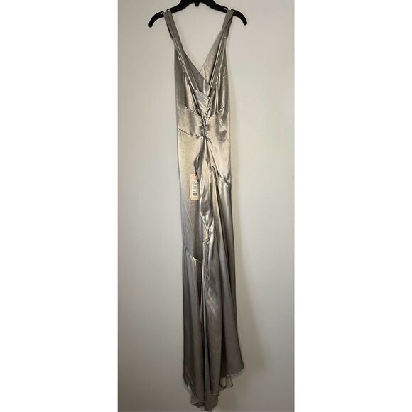 Mango MNG Women's Asymmetrical Satin-finish Dress w/ Asymmetrical Hem Silver Siz - Picture 11 of 16
